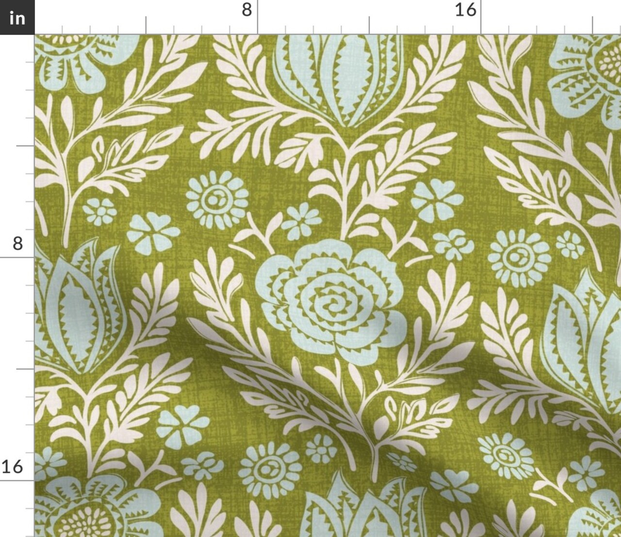 Green Botanical Sky Blue Flowers Rustic Hand Drawn Bohemian Farmhouse Cottagecore Custom Printed Fabric by Spoonflower Various Fabrics by the Yard or Fat Quarter